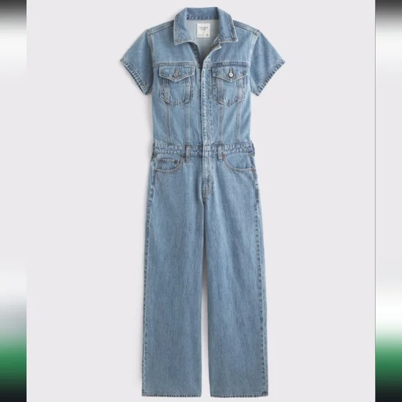 Abercrombie & Fitch Medium Wash Short Sleeve Straight Leg Tall Denim Jumpsuit - Picture 5 of 13